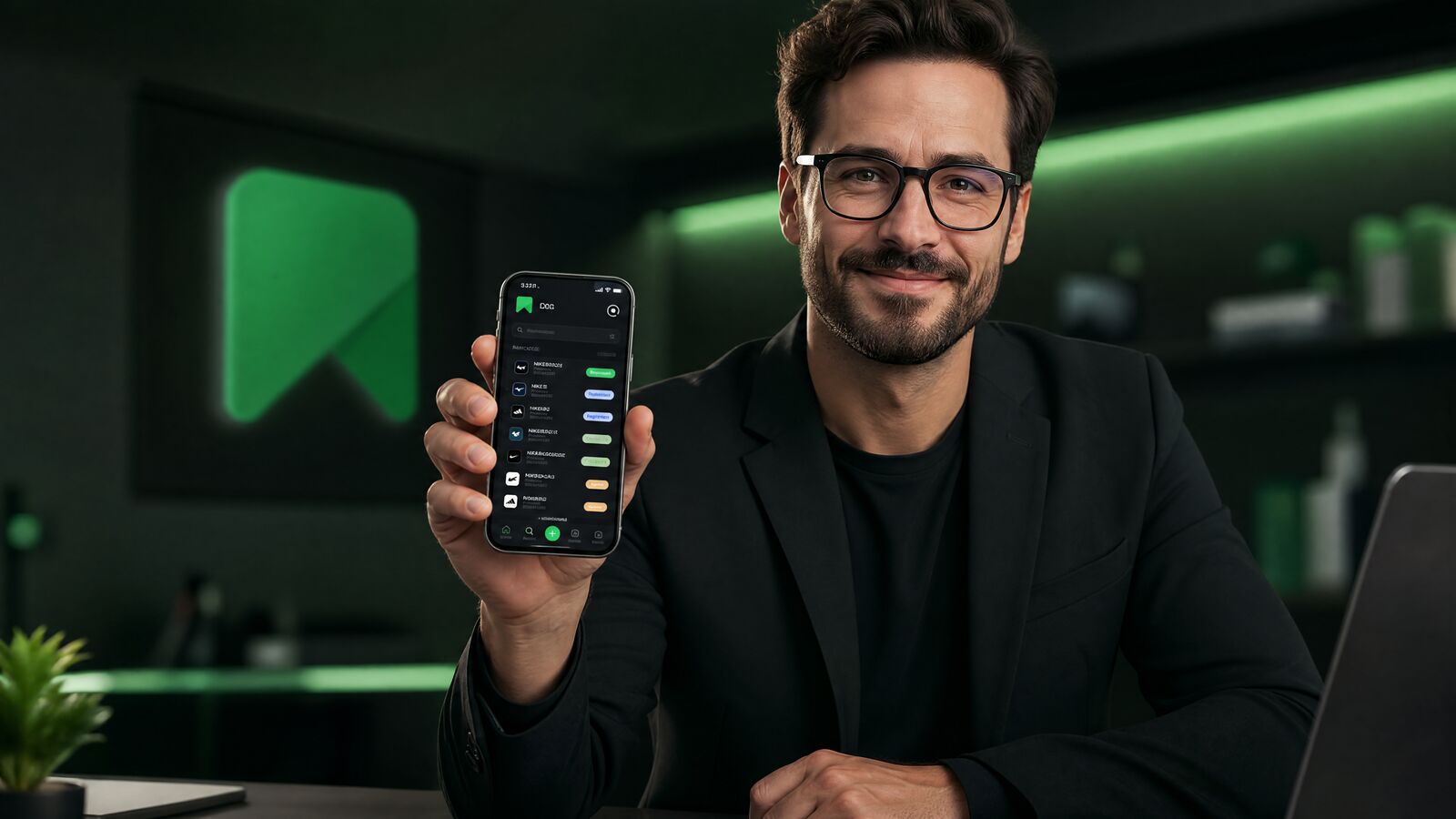 Empreendedor mostrando o app do Regiscan no celular